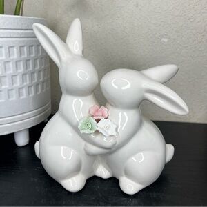 NEW 8" Ceramic Springtime Easter Bunnies Holding Flowers Figurine